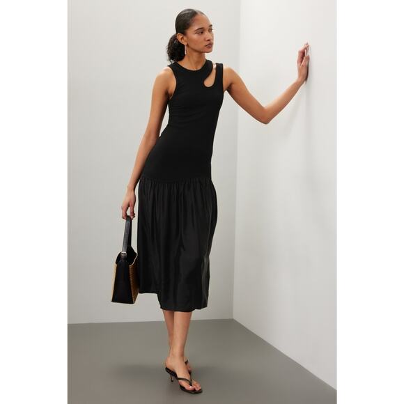 SANDRO Black Sleeveless Cutout Neckline Olane Midi Ruffled Skirt Dress Size 4 - Picture 1 of 9